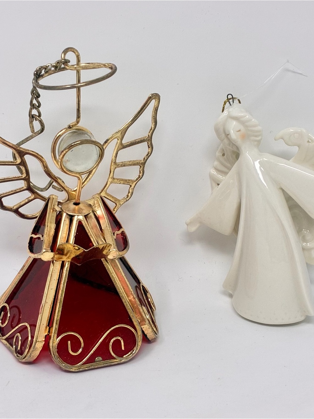 2pc Angel Christmas Ornaments 4.5” Red Stained Glass & 4” White Ceramic